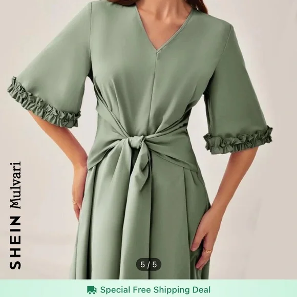 SHEIN Mulvari Frilled Cuff Tie Front Hanky Hem Dress. A-line with a V-Neck. - Picture 5 of 5
